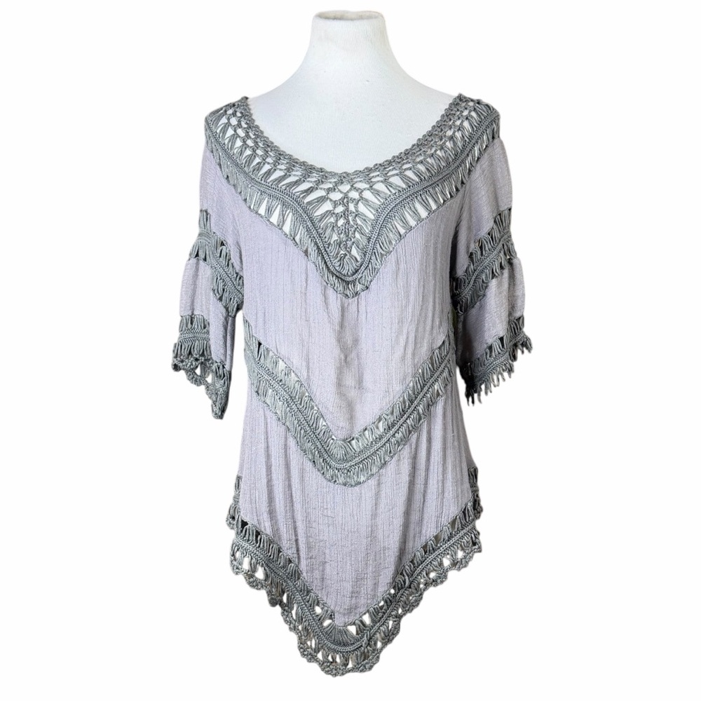 Dreamers Dark Gray Crochet & Gauze Boho Fringe Tunic Blouse - Size Medium - Picture 3 of 14